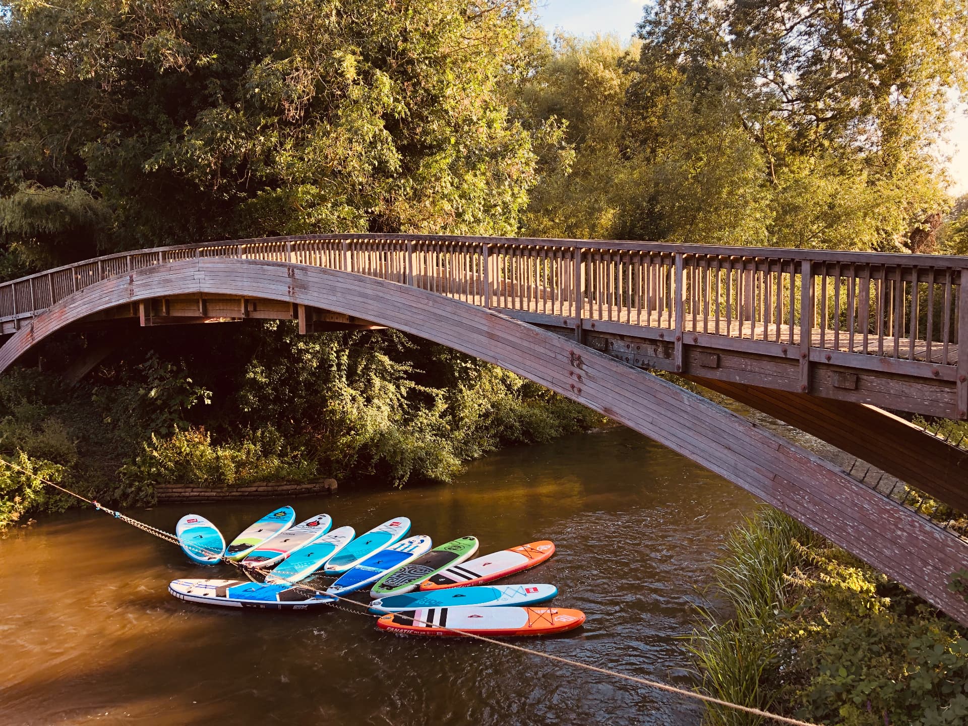A line of paddleboards tethered together on the River Mole beneath an arched timber footbridge near Brockham, surrounded by summer trees