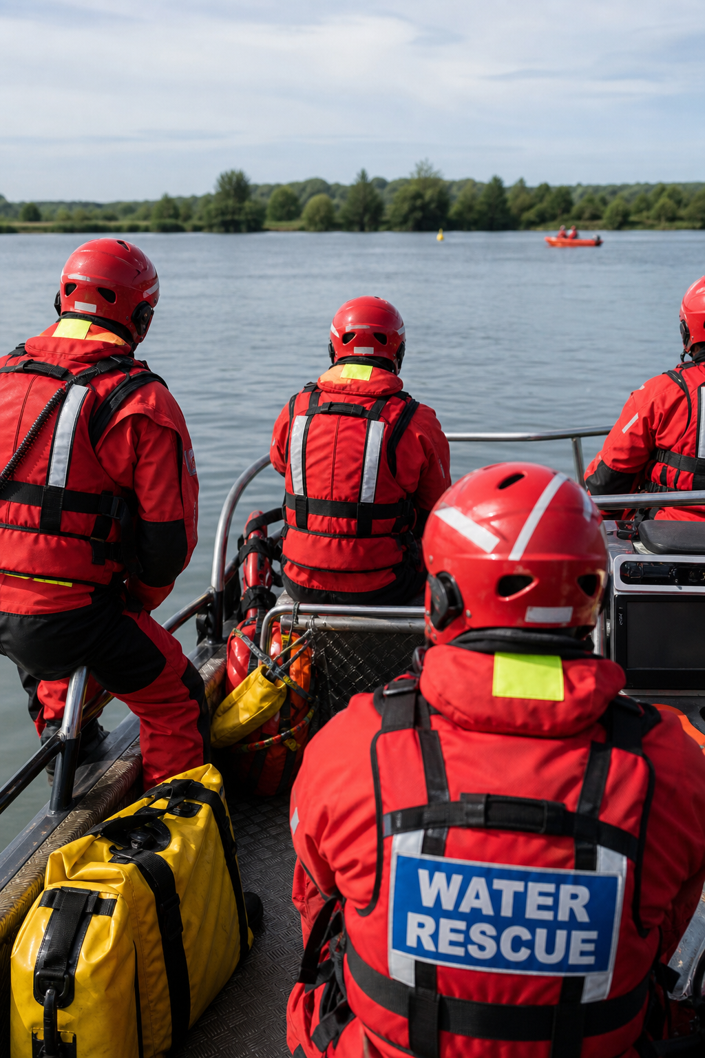 Safety team in red shirts on the water